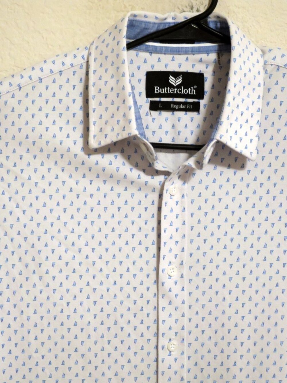 Buttercloth Shirt Mens Large Short Sleeve Button White Blue Sailboats